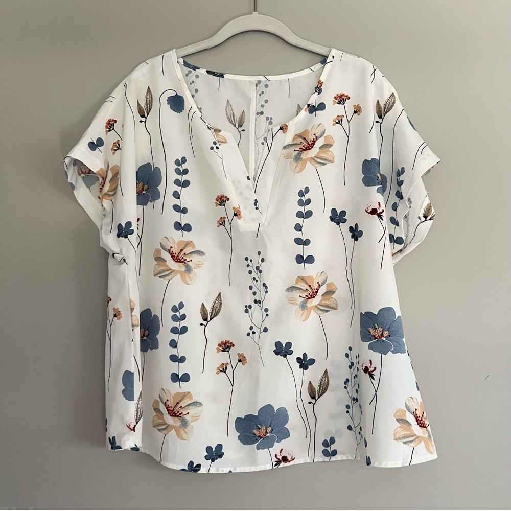 SHEIN White Blouse with Blue and Beige Floral Print